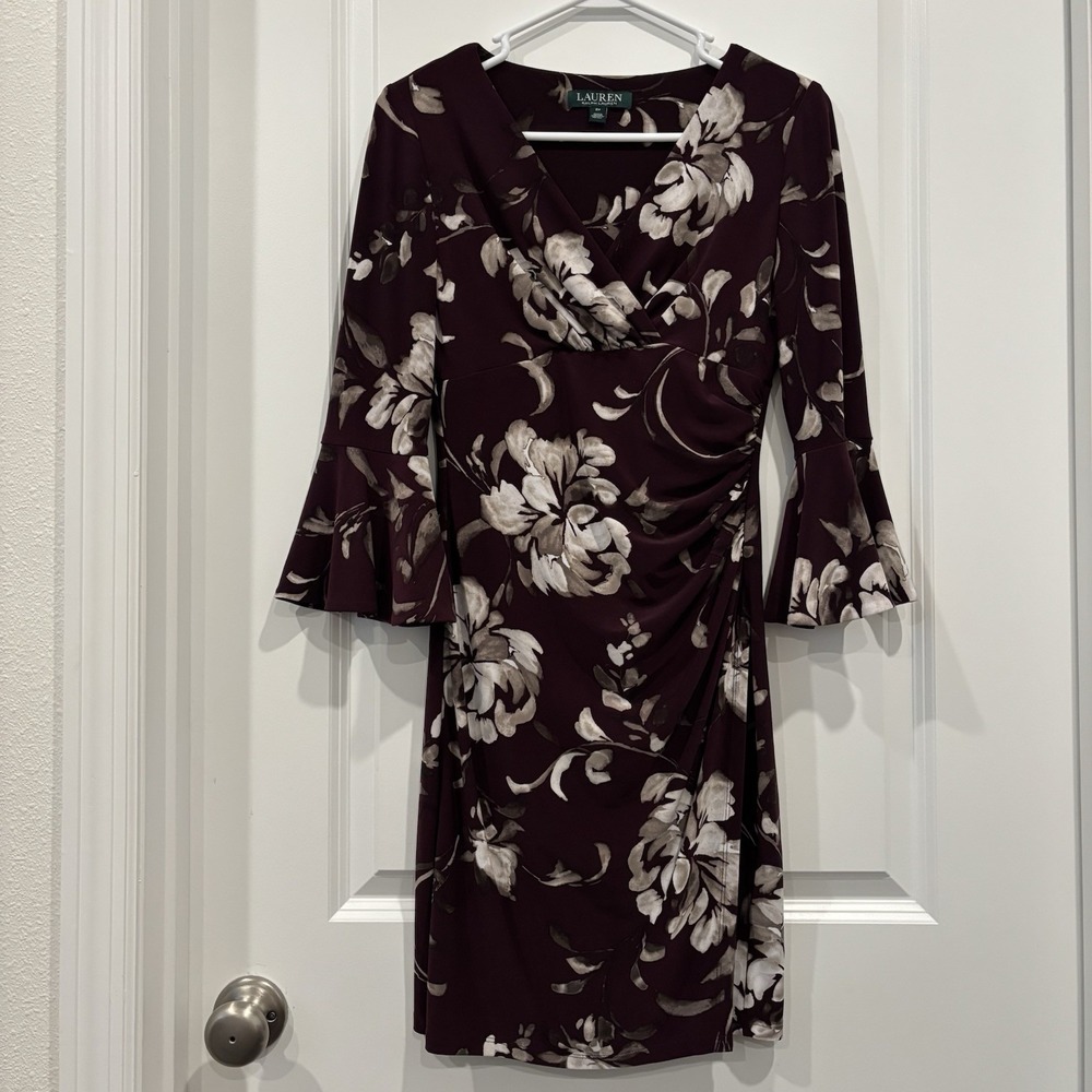 LAUREN RALPH‎ LAUREN Women's Floral DRESS Purple Ivory Petite 2 2P